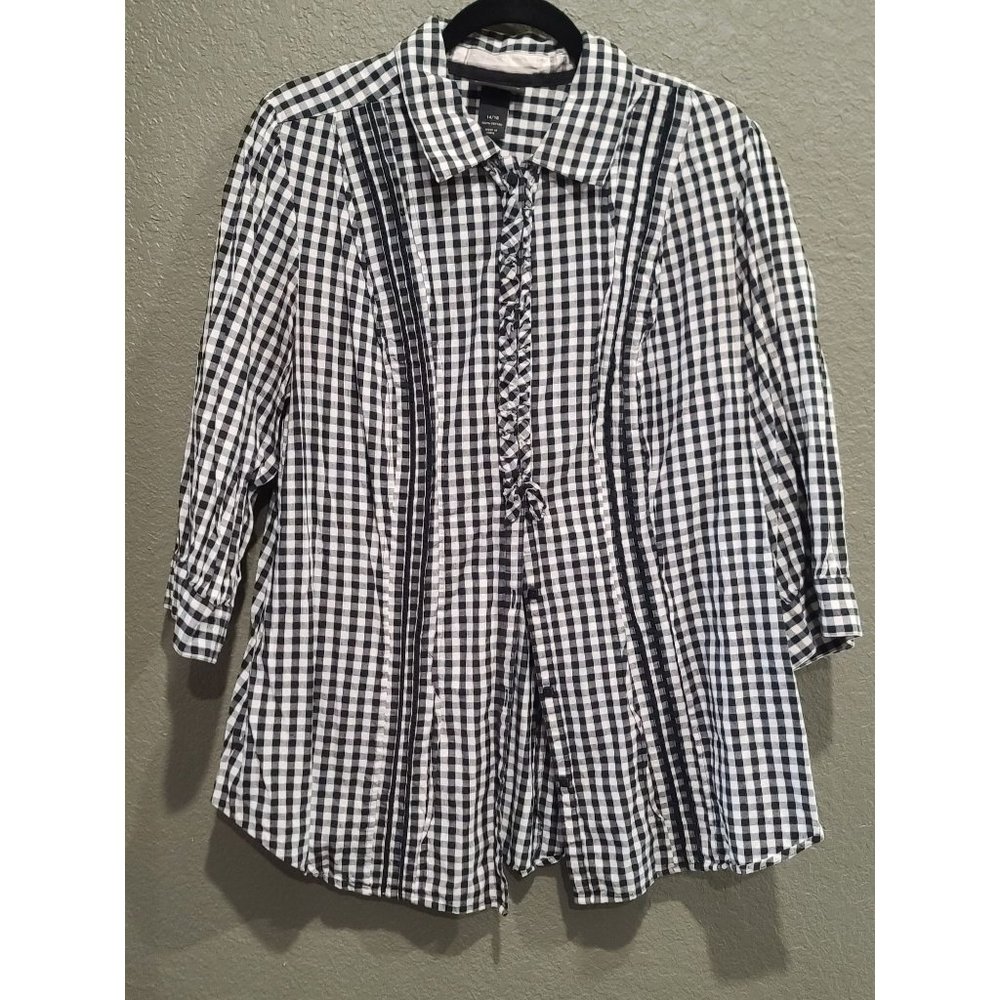 Lane Bryant Button Shirt Black White Check Long Sleeve Pintuck